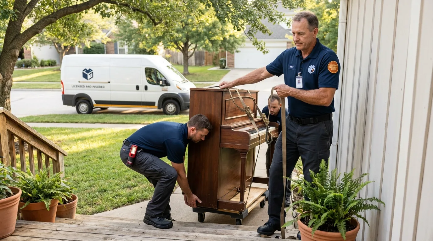 Licensed piano movers securing grand piano in Barnhart, MO