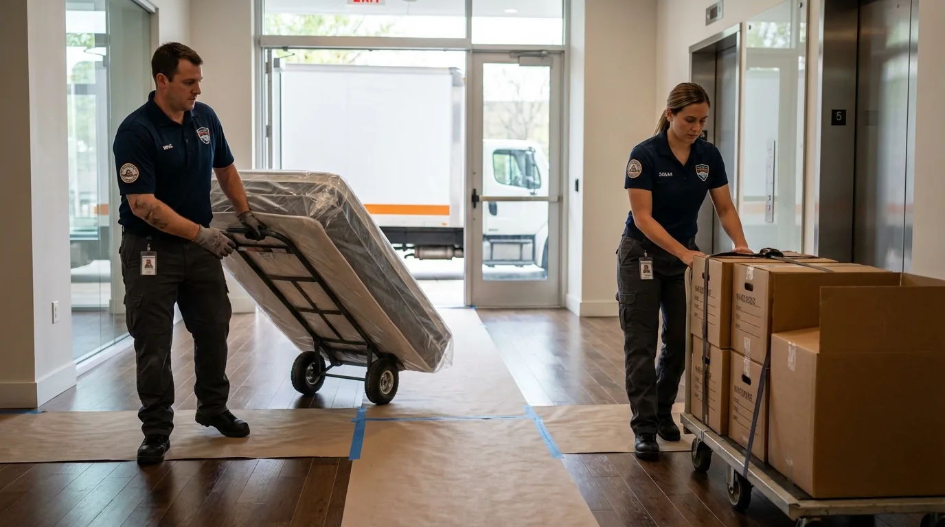 Professional apartment movers loading elevator in Barnhart, MO
